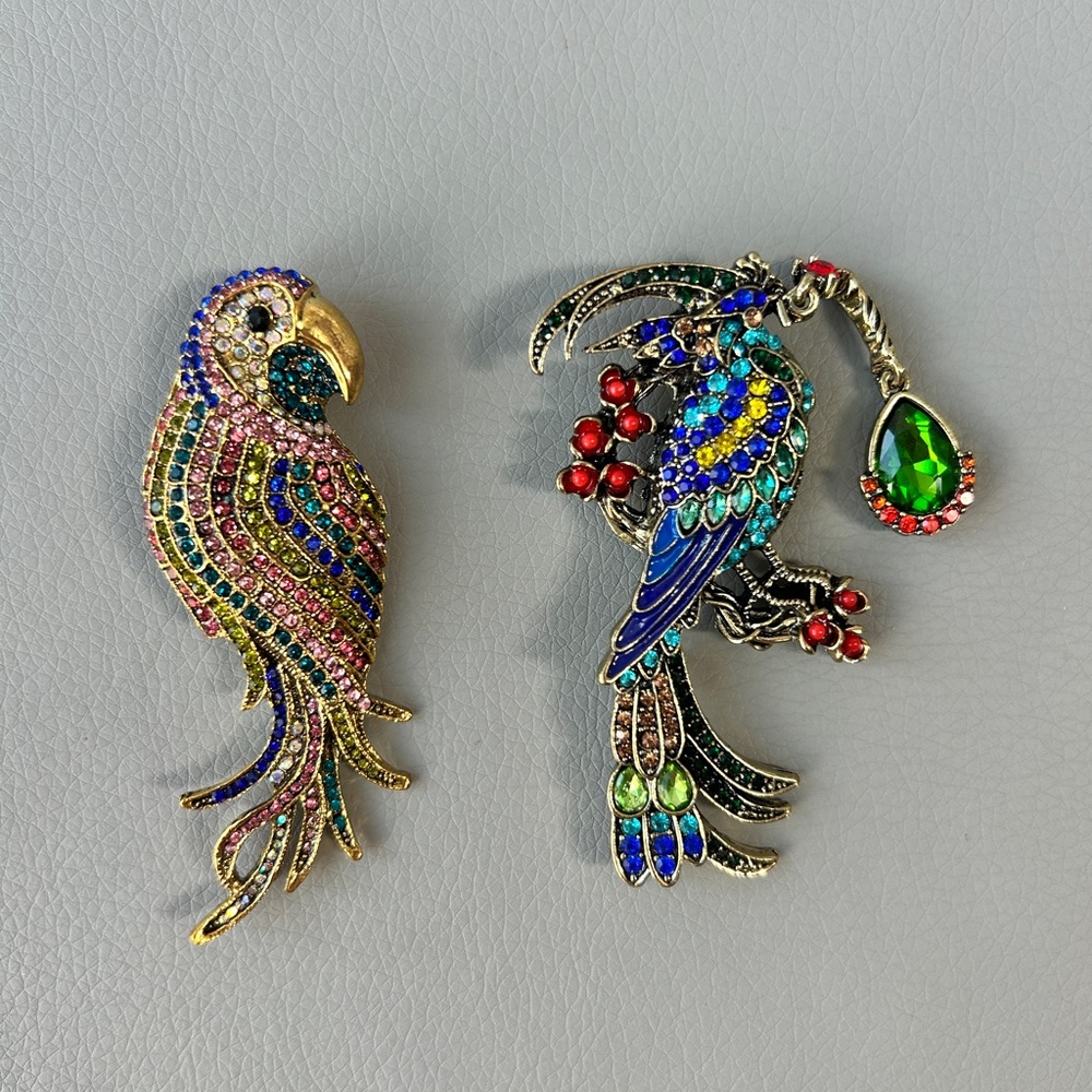 Vintage Parrot and Peacock Rhinestone Multicolor Brooch Costume Jewelry Set Pins